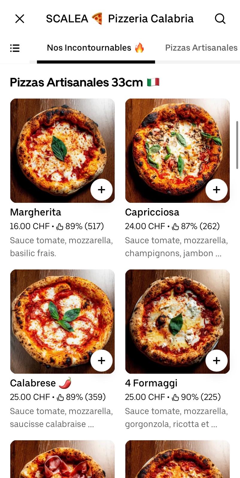 Menu Uber Eats — produits signature du restaurant