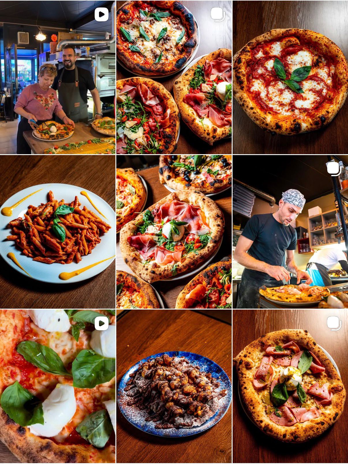 Feed Instagram d'un restaurant italien — pizzas napolitaines, pâtes et équipe en cuisine