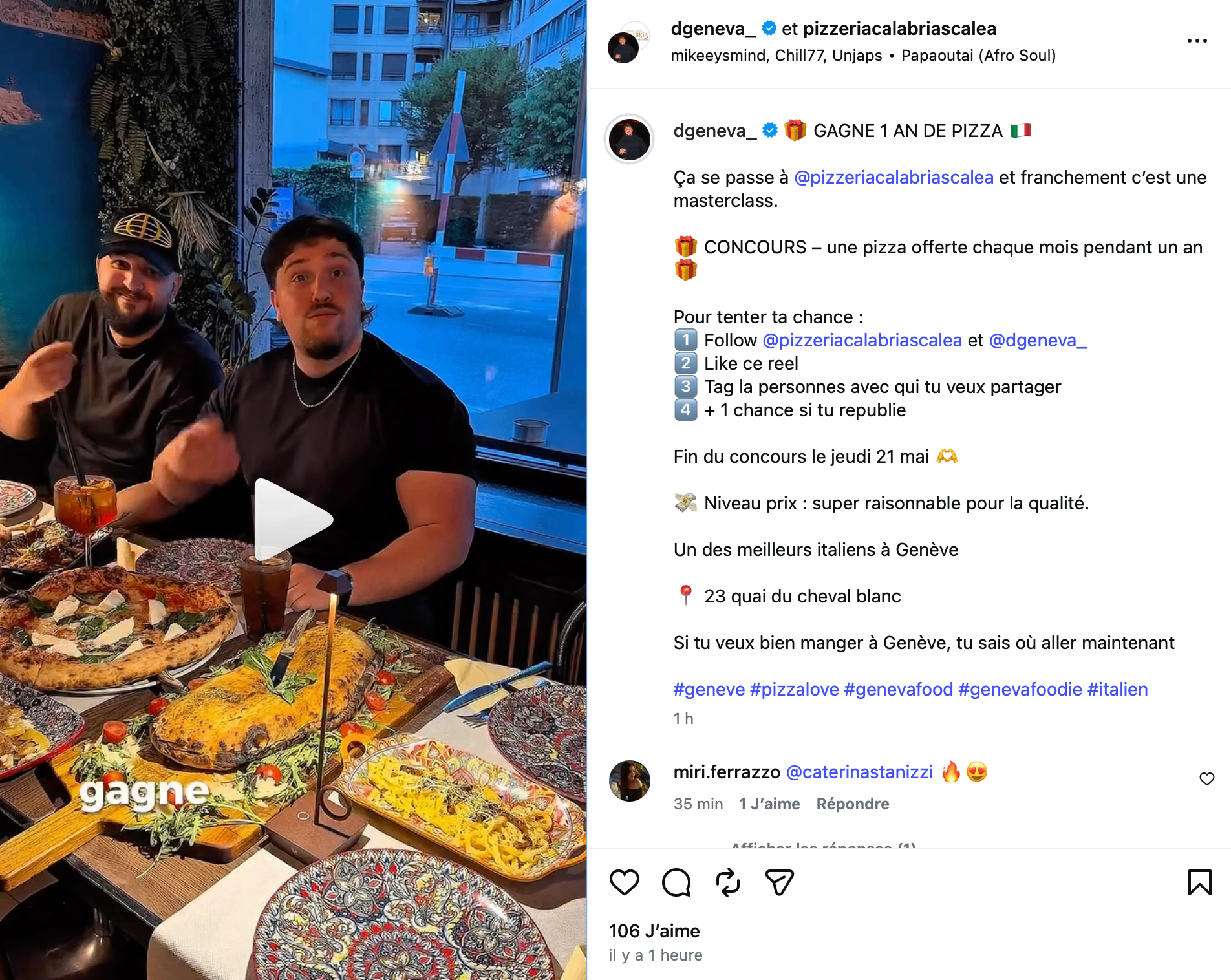Publication Instagram d'un influenceur food à Genève — concours offrant un an de pizza dans un restaurant partenaire